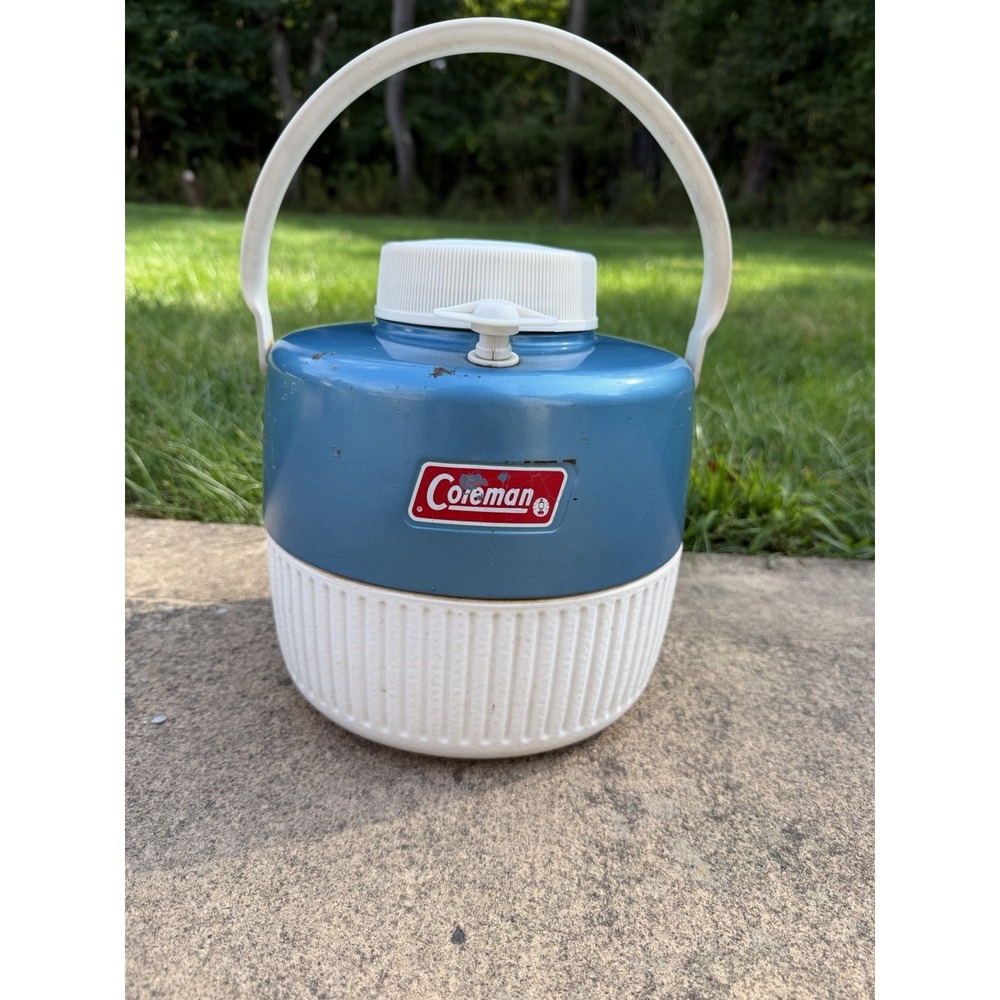 VTG Blue Coleman 1 Gallon Water Jug Cooler Camping Thermos Top Spout Cup